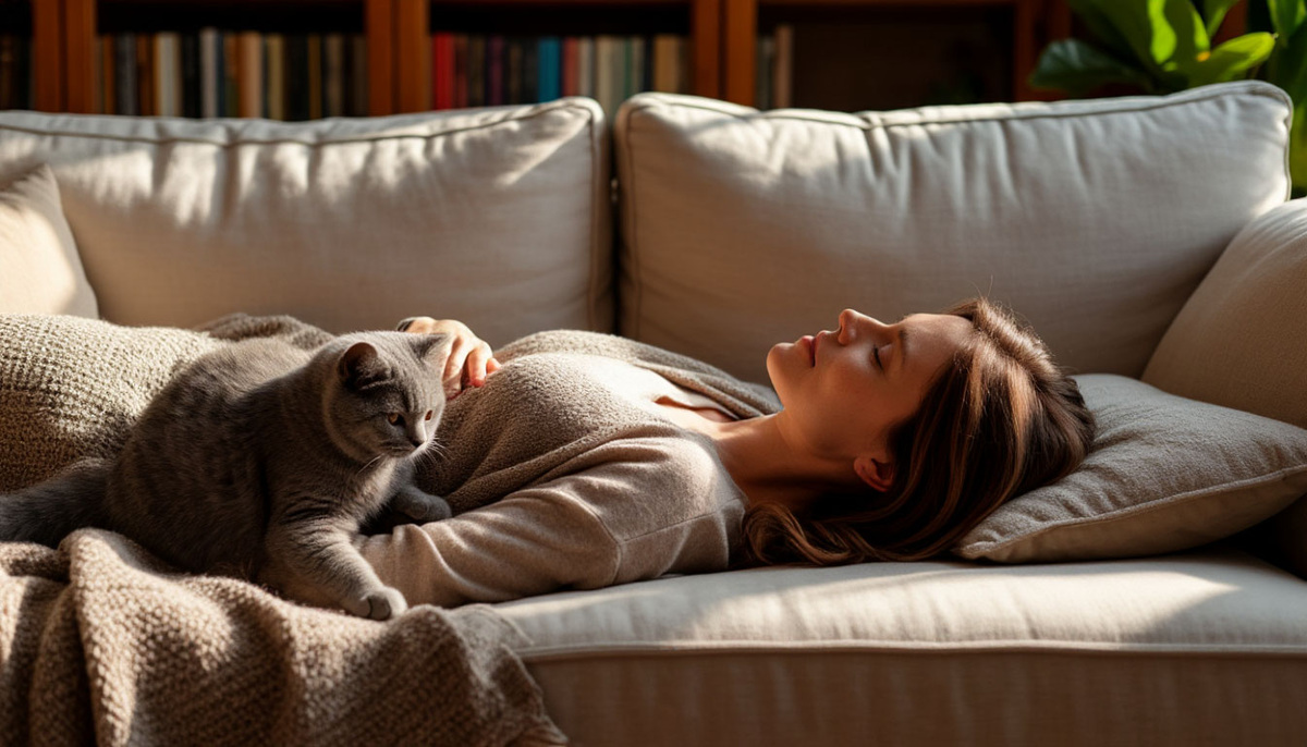 Кошка рядом мнет палами плед