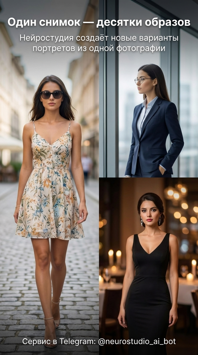 Пример 1. Одна фотография — несколько образов (повседневный / деловой / вечерний)