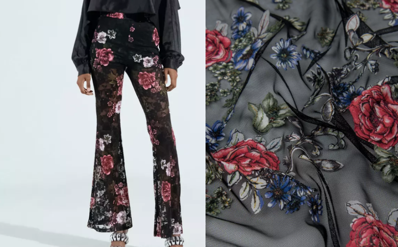 Тонкая сетка украшена аппликациями в виде цветов и листвы, аккуратно распределённых по поверхности. Рисунок смотрится рельефно, за счёт этого ткань выглядит живой и многослойной.