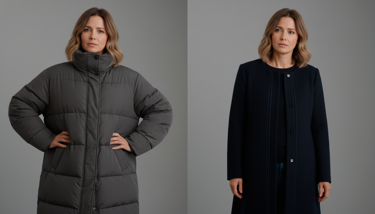 Видите разницу? Пальто слева — горизонтальные линии, бесформенно. Пальто справа — вертикальные линии, стройнит визуально на 5 кг! Выбирайте вертикали!