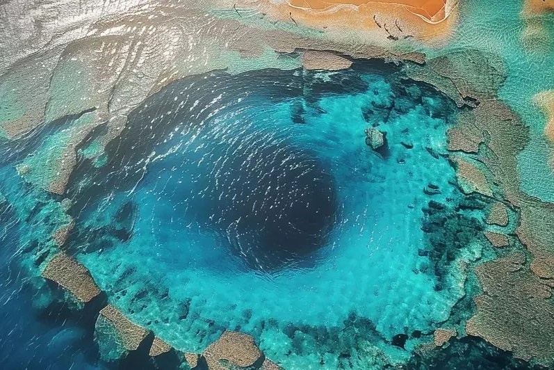 Сверху выглядит как глаз бездны. Blue Hole (Голубая Дыра) - идеально круглый провал , уходящий вглубь более чем на сотню метров