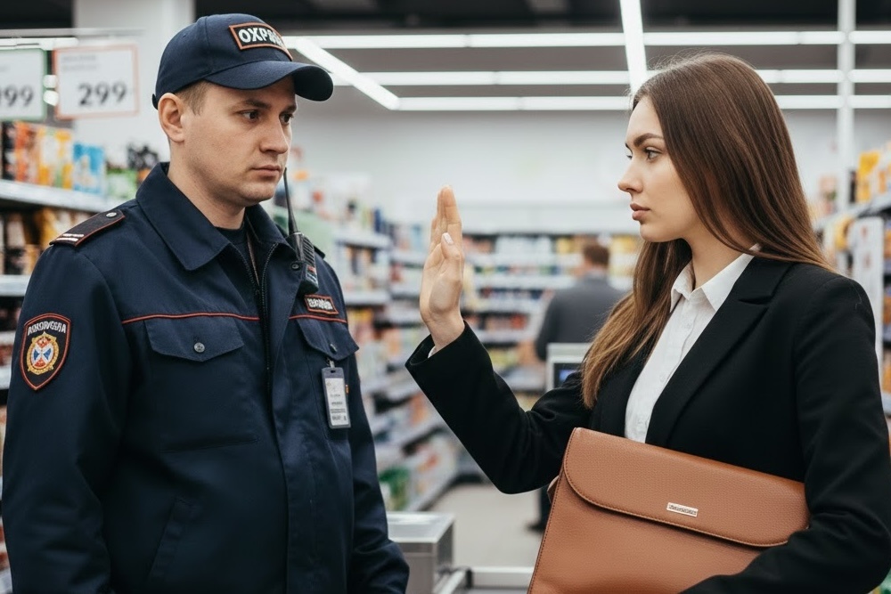 Если охранник начал досмотр без разрешения, покупатель имеет право вызвать полицию / Иллюстрация Gemini / Времена.Медиа.