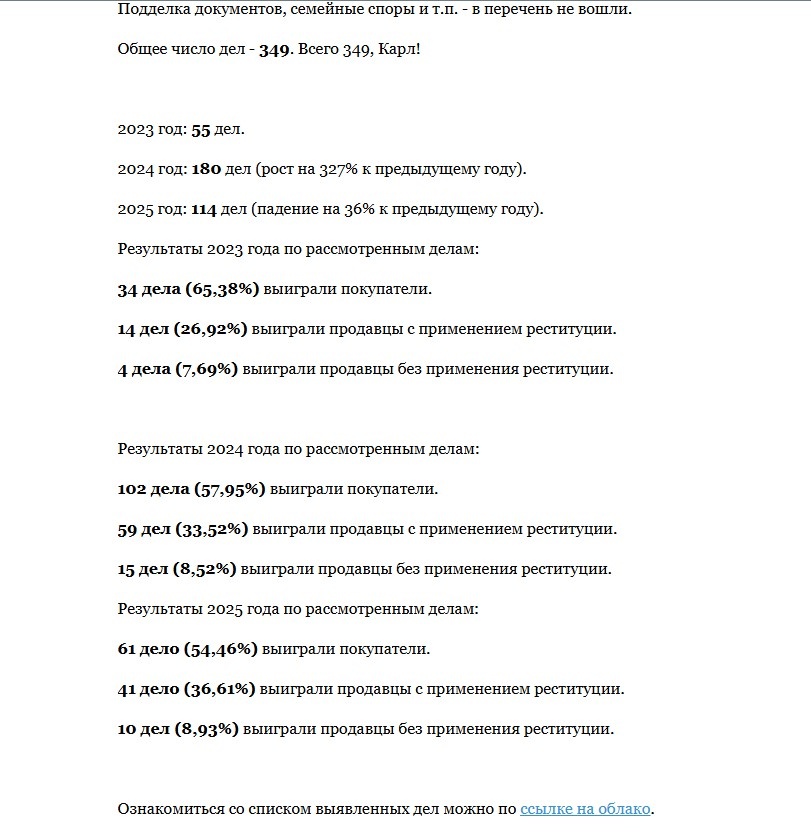 Скриншот статистики по судебным делам.