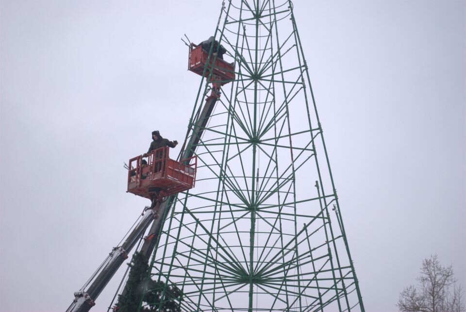    Сборка новогодней елки на площади Свободы. Источник: Елизавета Жаринова/«Толк»