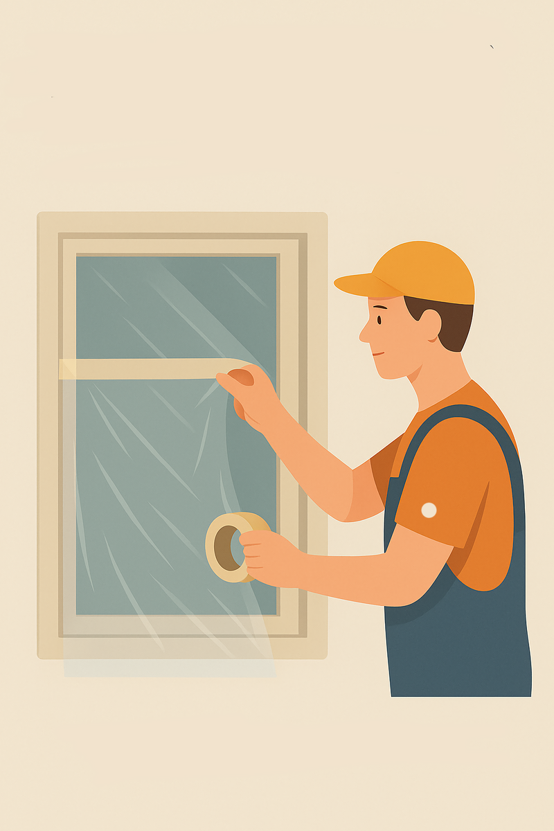 Маляр готовится к покраске, пакует окно