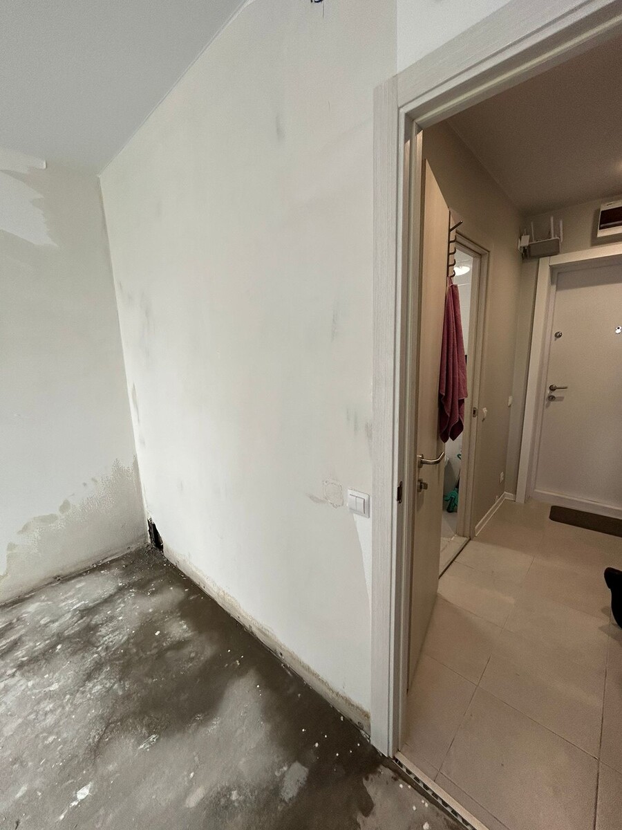 Перегородка из гипсокартона буквально сгнила и протыкается пальцем, материал размок и потерял прочность, в полостях этой перегородки стоит вода, рядом с ней влажный пол, а на фоне постоянной сырости уже начала появляться плесень.