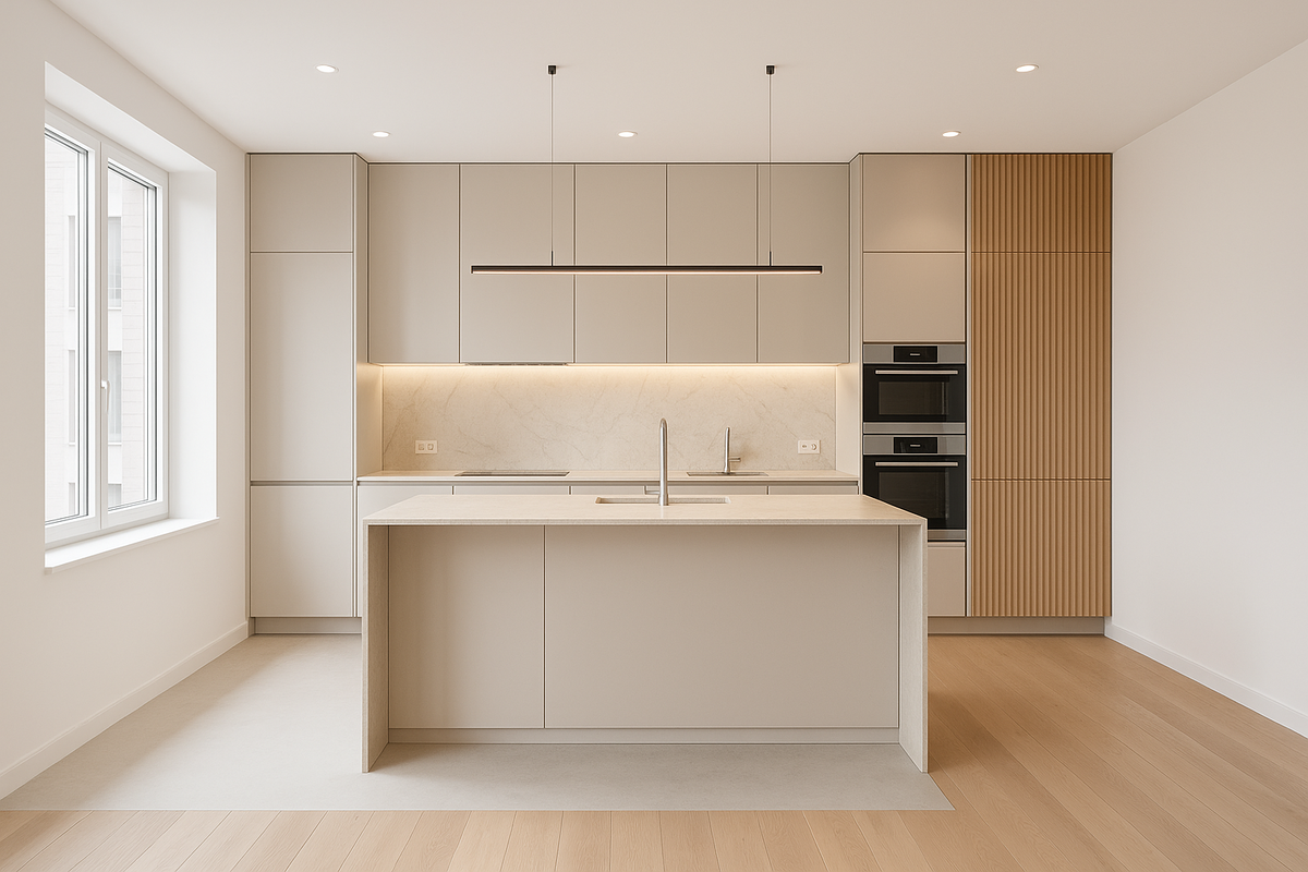 Премиум‑кухня минимализм в новостройке СПб: каменная «стена‑вау», рифлёные панели и идеальный свет