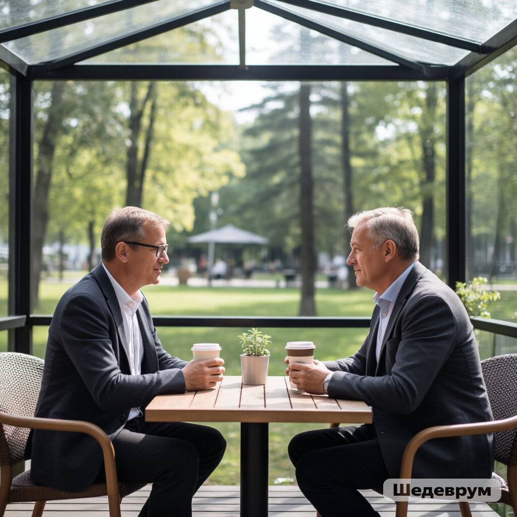 Прообраз дружеской беседы Евгения и Сергея в парке Малевича на террасе кафе