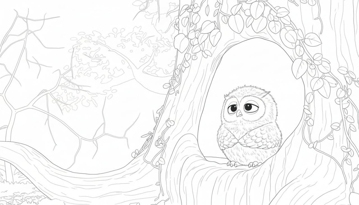 Совенок Утуша печалится, раскраска к иллюстрациям "Светлые сказки совушки Утуши"