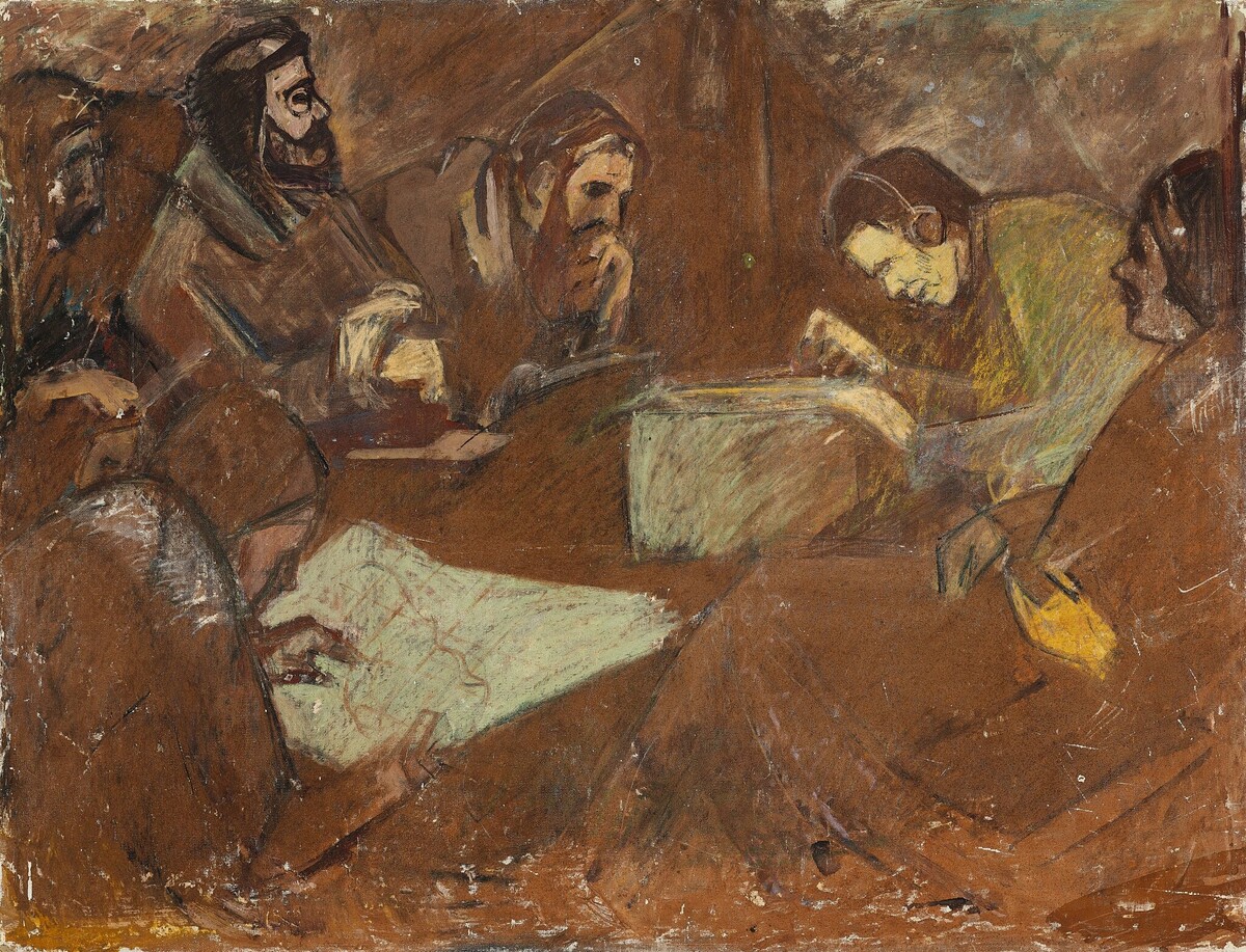 Ф.П.Решетников. В штаб-палатке О.Ю.Шмидта. Из газеты "Ледовитый крокодил". 1933—1934. ГТГ.