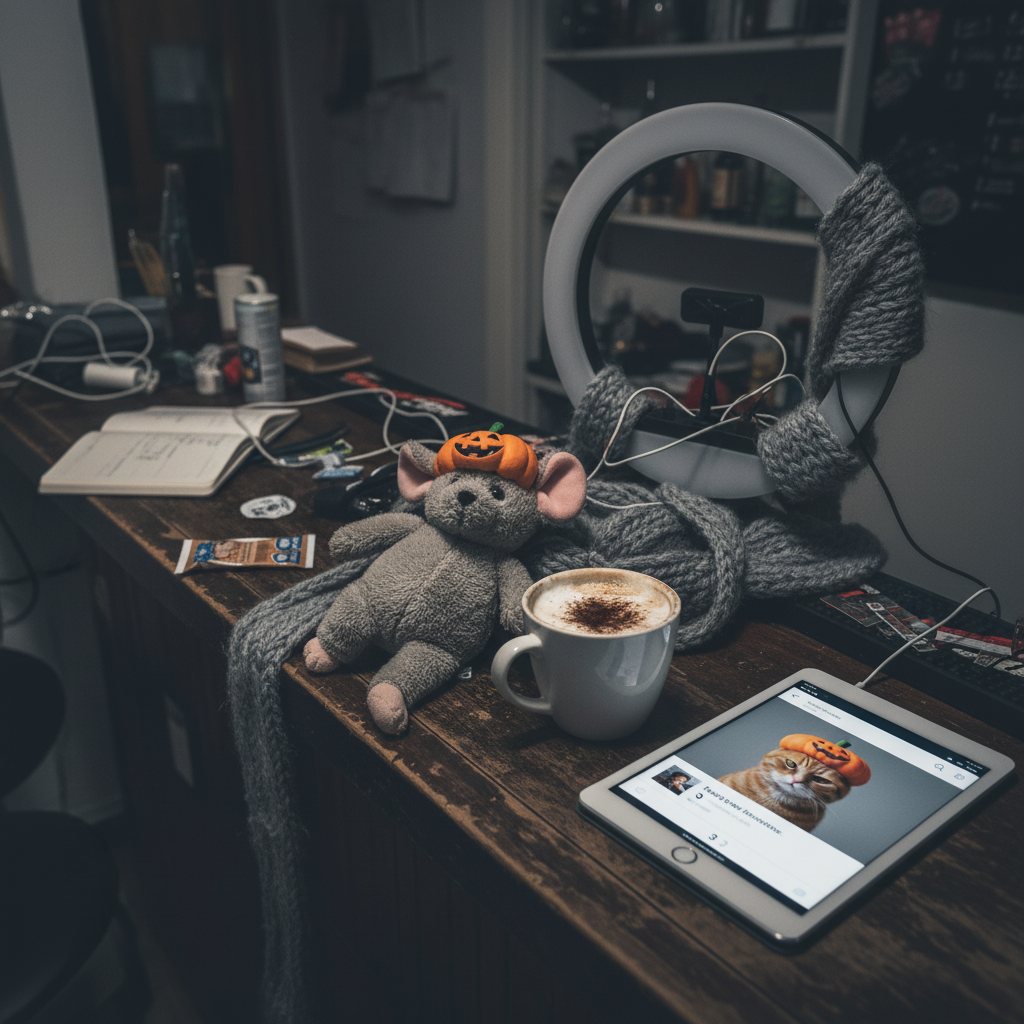 Визуал: Стилизованное изображение в тёмных тонах. Барная стойка, на которой рядом с кружкой капучино лежит растрепанный плюшевый мышь-игрушка. На заднем плане — полуразобранная кольцевая лампа для света, обмотанная шерстью. На экране планшета — открытую соц сеть с тремя лайками на последнем фото кота в неудачной тыквенной шапочке. Общее ощущение — творческий беспорядок, перешедший в экзистенциальный кризис.