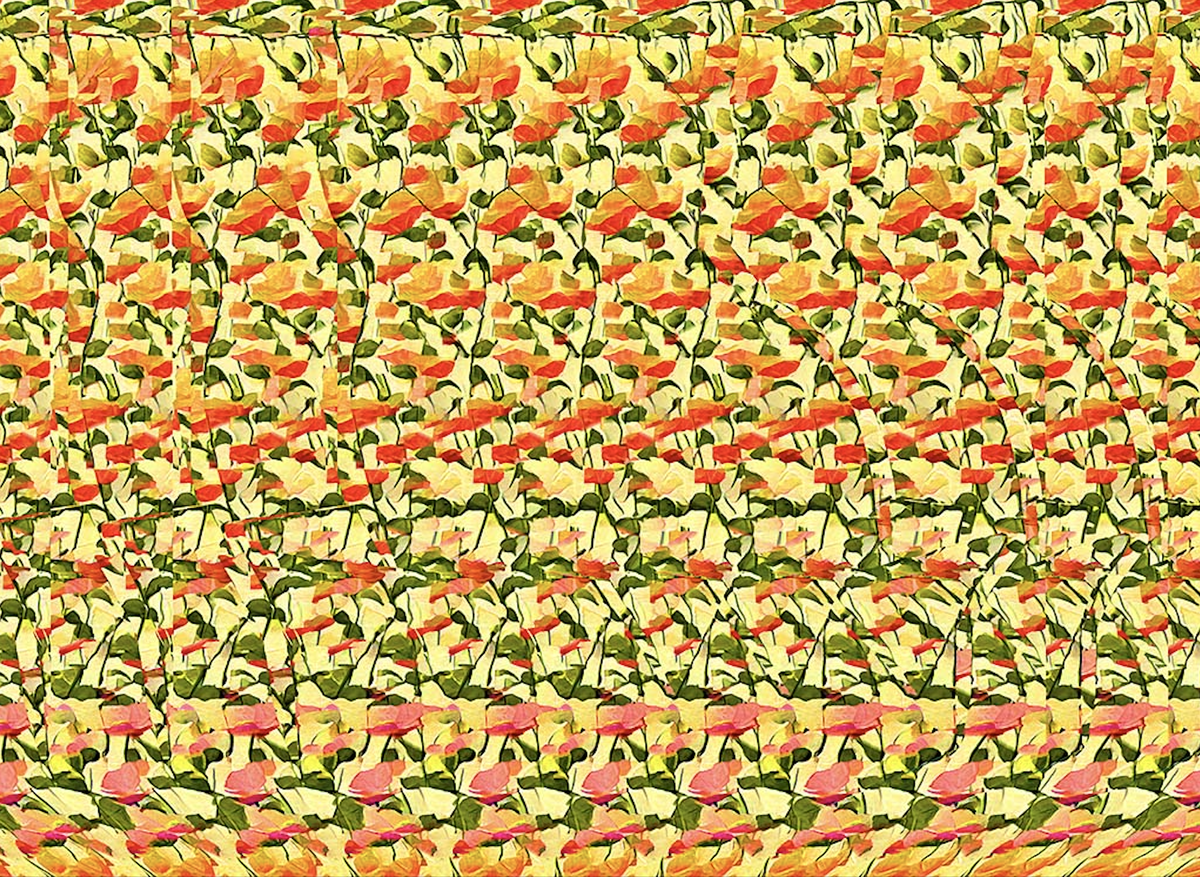 Стереокартинка с эффектом глубины: объёмное 3D-изображение спрятано в повторяющемся узоре. Оптическая иллюзия для глаз, тренировка фокуса и внимательности, скрытая фигура в стереоизображении.