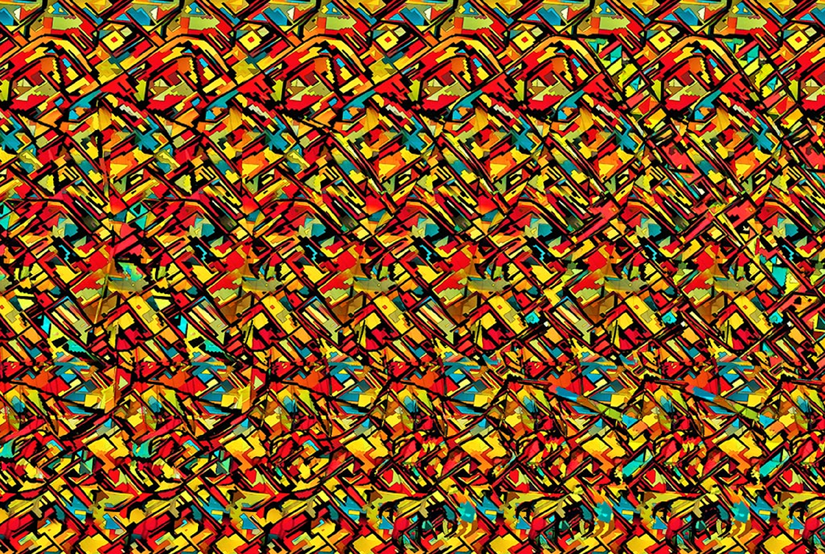 Сложная стереокартинка с скрытым 3D-эффектом и выраженной глубиной. Внутри узора спрятан объёмный объект, который проявляется при расфокусировке. Оптическая иллюзия, стереоизображение, проверка зрения и концентрации, визуальная головоломка.