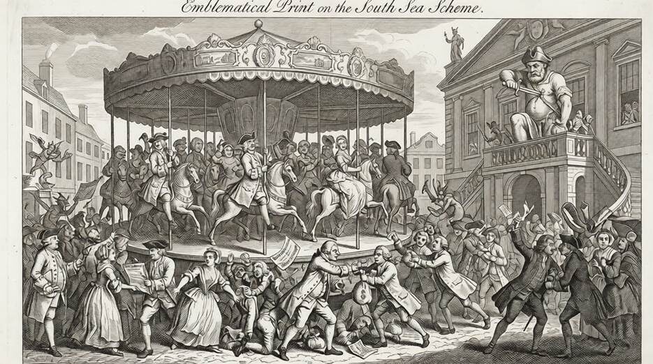 Сатира 1721 года. Хогарт изобразил биржу как ярмарку тщеславия и пыточную камеру одновременно.