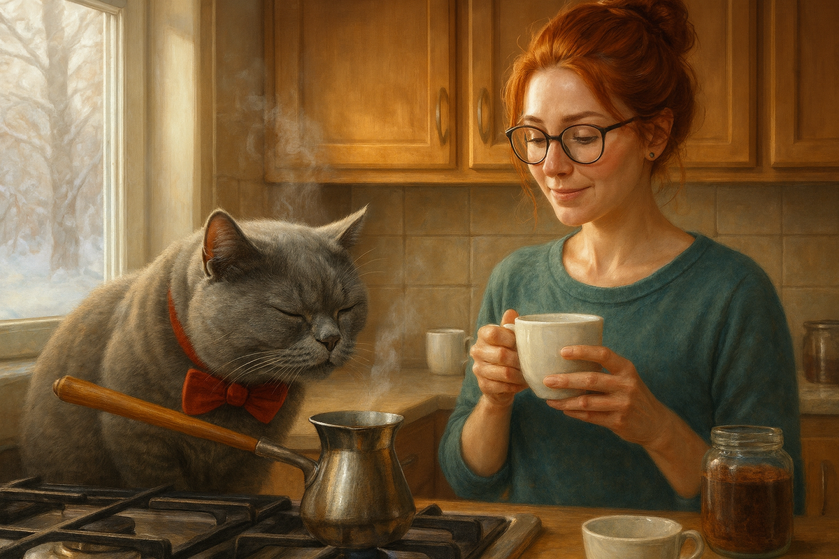 Иллюстрация создана автором с помощью нейросети специально для статьи
"Пушистый кофейный сомелье проверяет качество домашнего эспрессо: без его одобрения хозяйка не делает ни глотка"