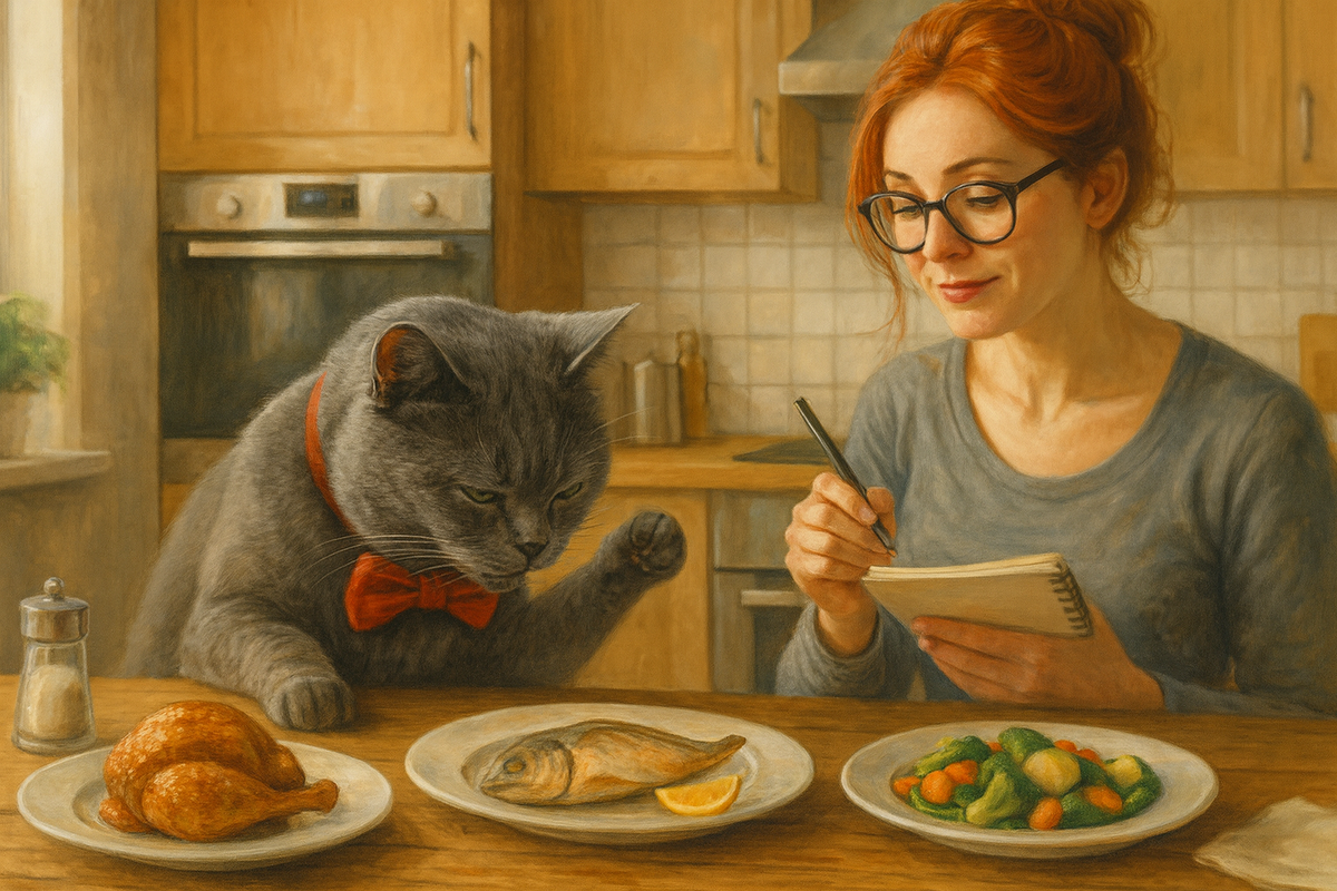 Иллюстрация создана автором с помощью нейросети специально для статьи
"Пушистый гастрокритик оценивает семейный ужин: проверяет свежесть, аромат и качество каждого блюда перед подачей на стол"