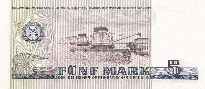 Банкнота ГДР в 5 марок 1975 года с изображением Томаса Мюнцера (оборотная сторона)