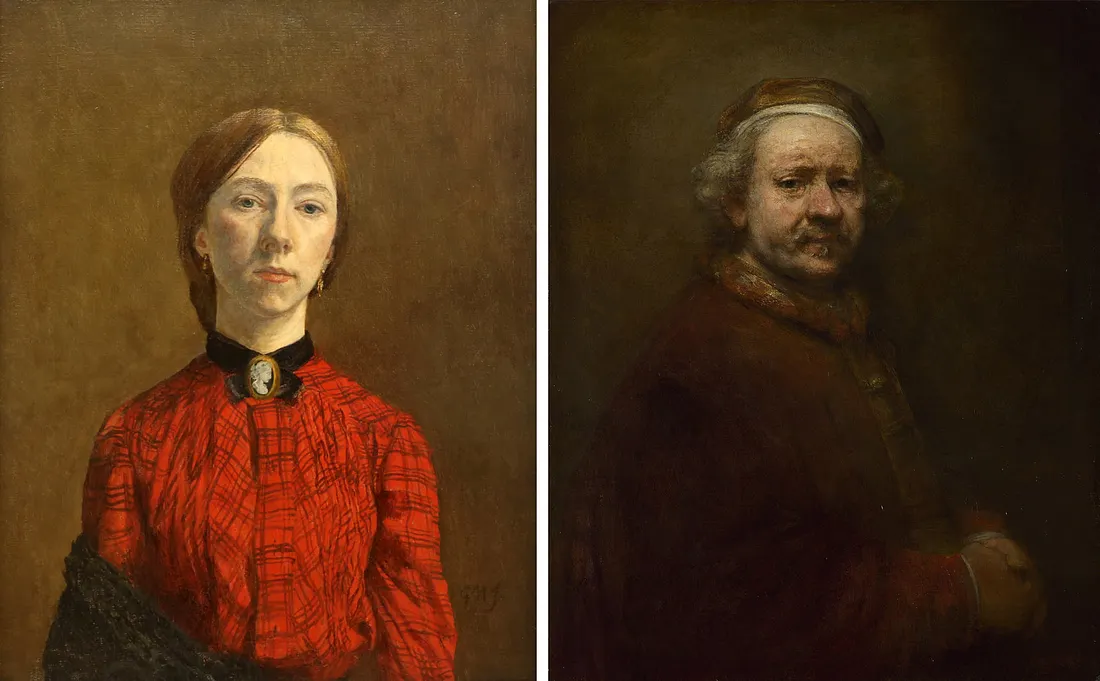 Слева: Автопортрет (1902) Гвен Джон. Масло на холсте. 44,8 × 34,9 см. Tate Britain, Лондон, Великобритания.