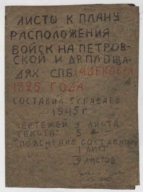 Папка «Листы к плану расположения войск на Петровской и др. площадях С.П.Б. 14 декабря 1825 года» (из письма Габаева Г.С. дирекции музея Революции по вопросам экспонирования материалов о восстании декабристов). 1950 г. Габаев Г. С. ГМПИР, Фонд документальных источников