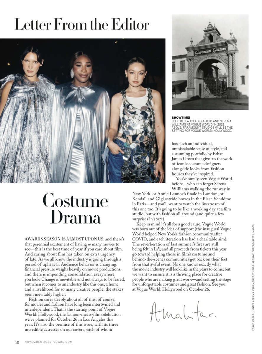 American VOGUE / November 2025. Редакторское письмо Анны Винтур