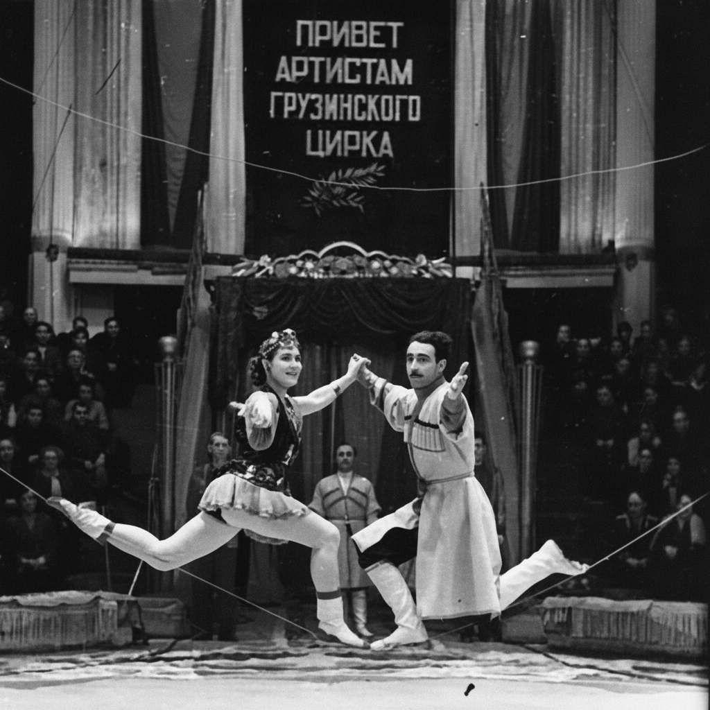 Гастроли грузинского циркового коллектива во время проведения Декады грузинского искусства и литературы, 1958 год, Семен Мишин-Моргенштерн. Эквилибристы Людмила и Михаил Лалашвили выступают на свободной проволоке на манеже Московского цирка на Цветном бульваре, фото отсюда: russiainphoto.ru