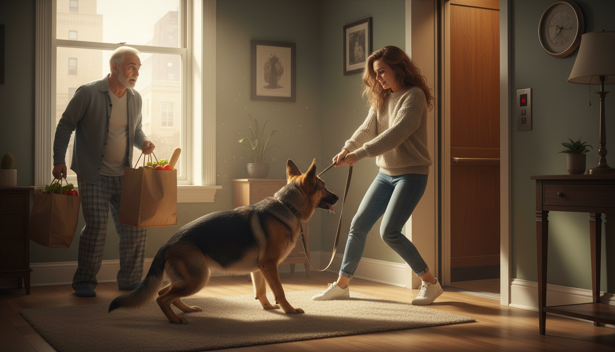 Девушка с трудом удерживает на поводке активную немецкую овчарку, которая бросается встречать пожилого мужчину, вошедшего в квартиру с пакетами продуктов.