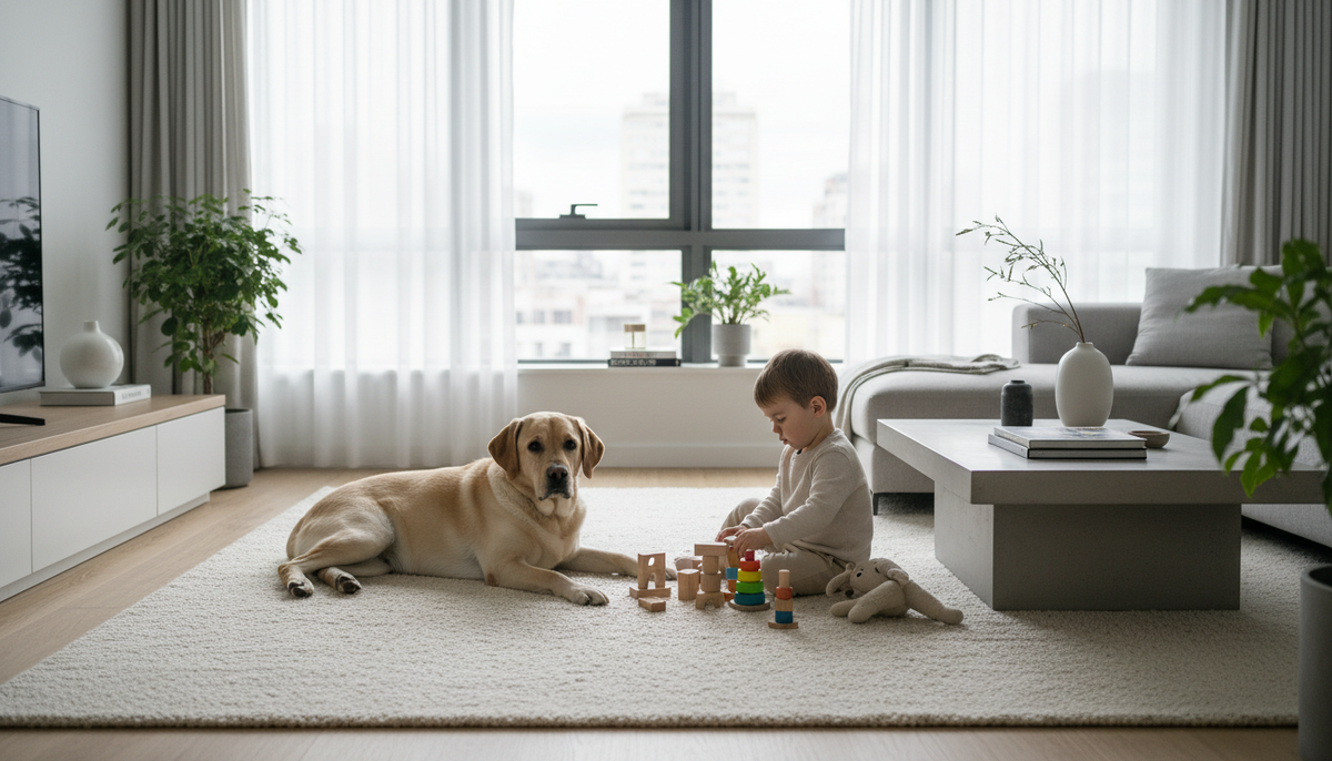Уютный домашний момент: ребенок играет на полу в гостиной рядом с лежащей собакой. Светлый современный интерьер, атмосфера спокойствия и безопасности.