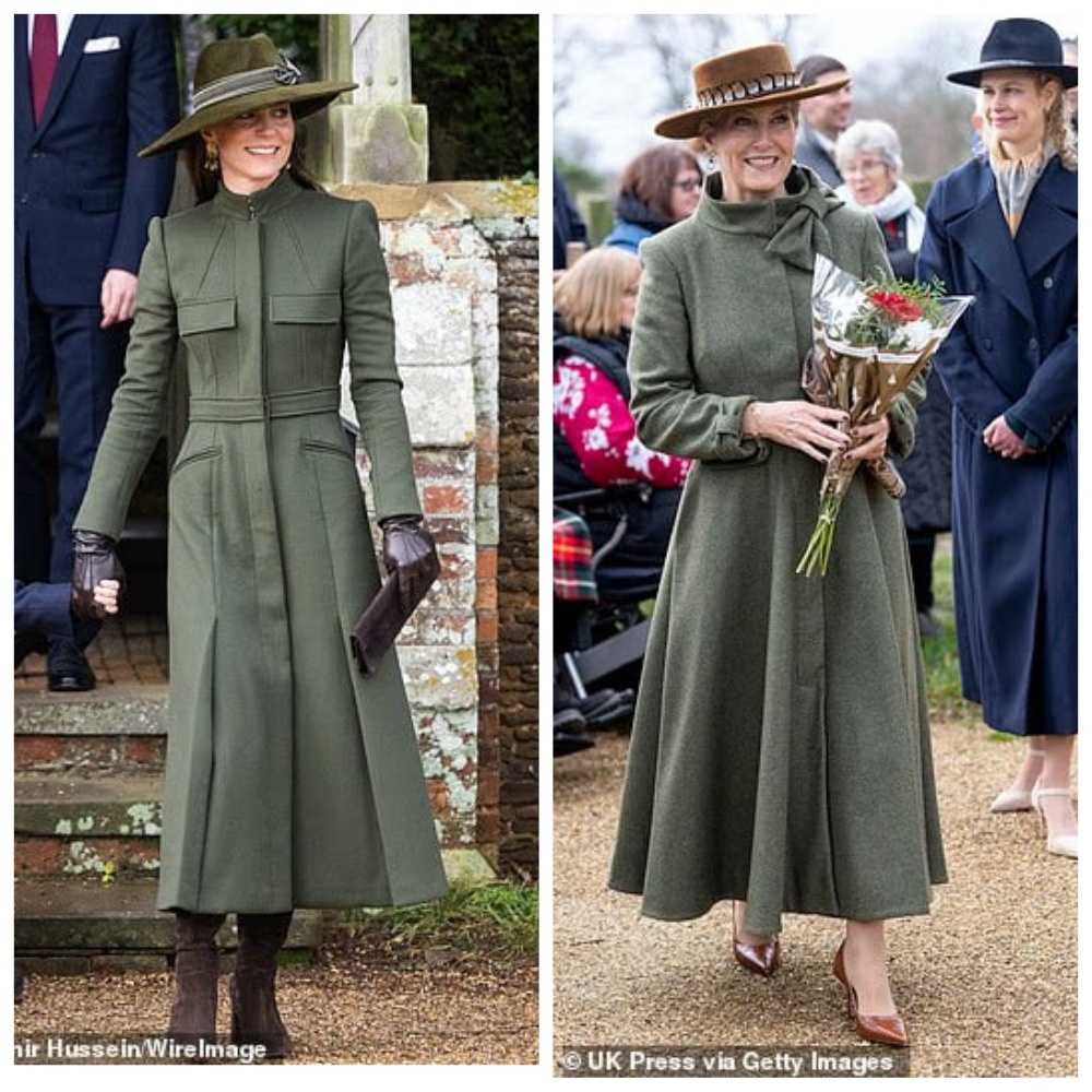 Повторяя рождественский образ Кейт, созданный всего год спустя, Софи надела пальто цвета хаки от Claire Mischevani, которое имело такую ​​же длину и высокий воротник, как и модель от Alexander McQueen, которую Кейт носила годом ранее.