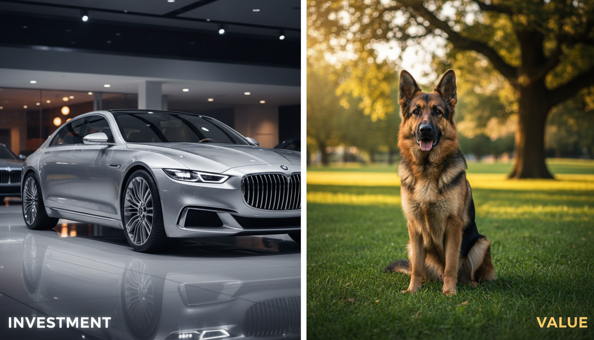 Сравнение приоритетов: роскошный автомобиль с подписью "Инвестиция" против счастливой собаки с подписью "Ценность". Коллаж о том, что действительно важно в жизни.