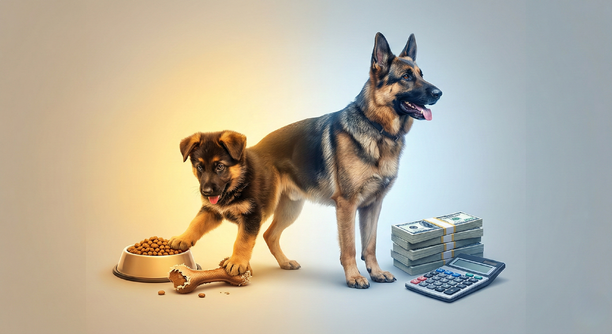 Финансовая сторона владения собакой: сравнение щенка и взрослой немецкой овчарки рядом с пачкой денег и калькулятором. Концепт бюджета на домашних животных.