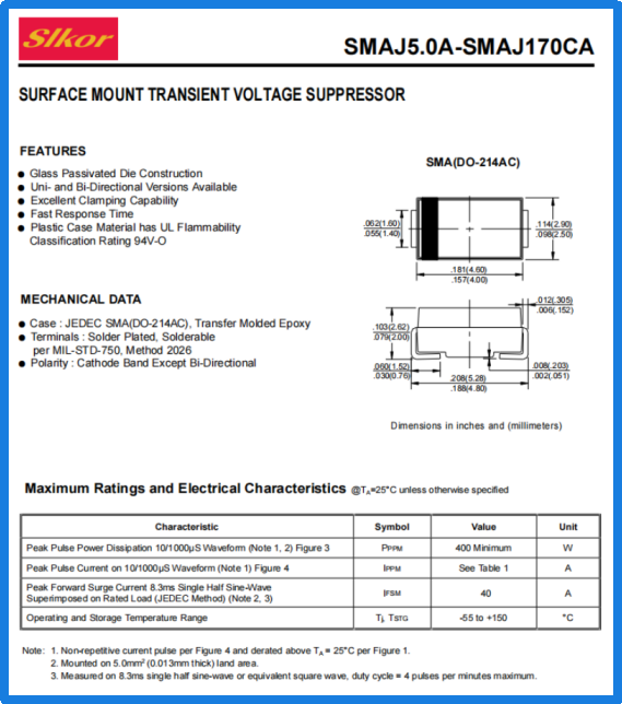 
Slkor Transient Protection Diode SMAJ10A specification