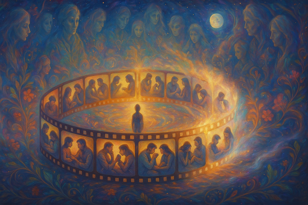 Визуальный образ, как родовые сценарии семьи и негативные родовые программы ходят по кругу: повторяющиеся сюжеты бедности, болезней и несчастной любви, предки наблюдают за ними, а часть кадров уже начинает растворяться в свет — символ мягкого исцеления Рода и выхода из старых сценариев.