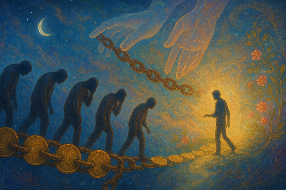 Мост из монет и цепей показывает, как работают родовые программы бедности и страх изобилия: поколения семьи идут по узкой дороге нехватки, а рядом открывается светлый путь свободы и достатка — метафора работы с Родом, когда человек осознаёт родовые сценарии в деньгах и решает переписать их без предательства Рода.