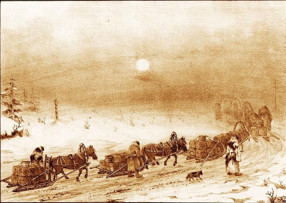 Павел Михайлович Кошаров, «Зимние обозы с чаем из Кяхты до Томска», «Художественно-этнографические рисунки Сибири»,1890 год, №12. (©) Научная библиотека Томского государственного университета