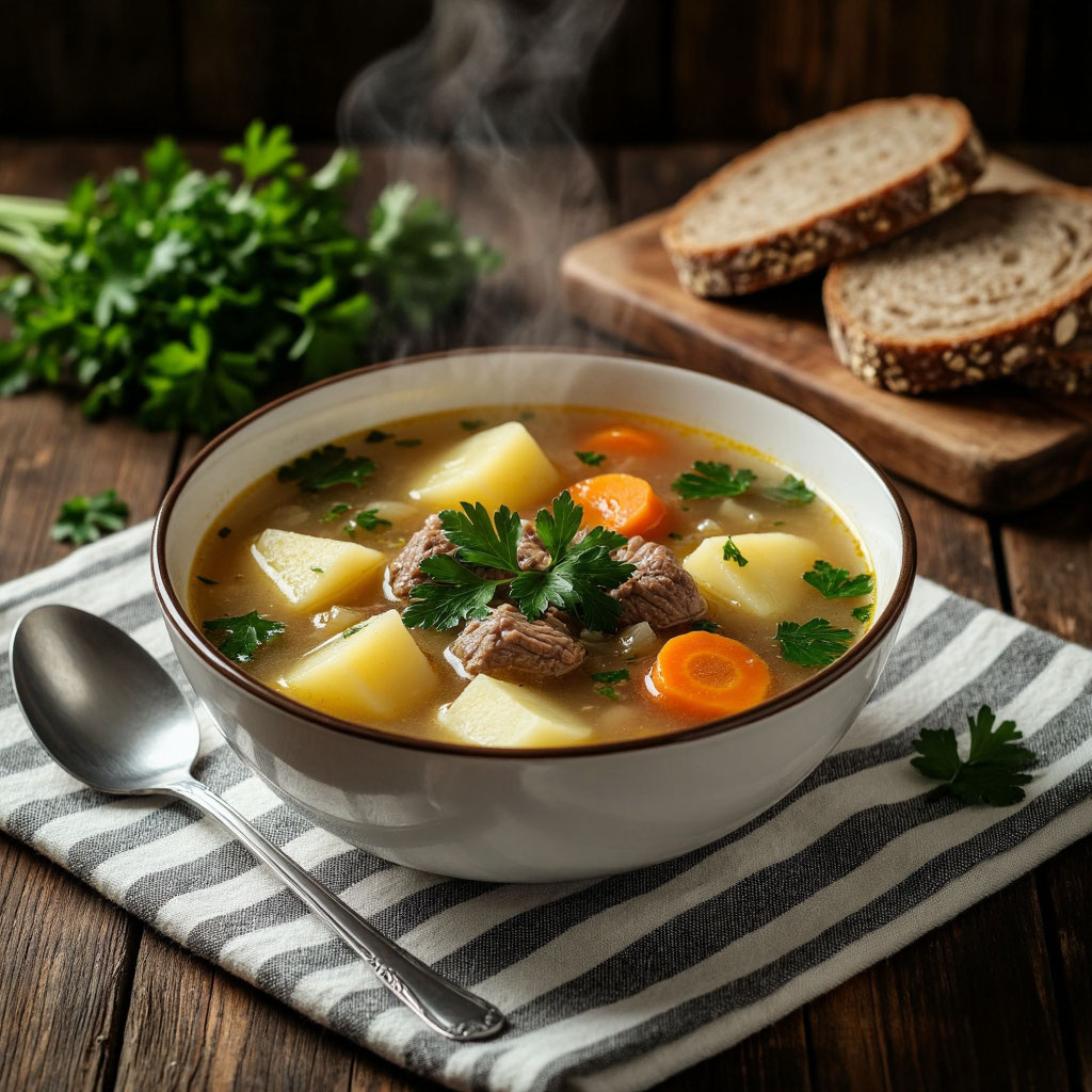 Мясной суп с картофелем и солёными грибами: наваристый вкус домашнего очага 🍲