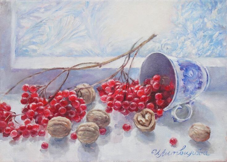 Натюрморт с калиной. Автор- художник - Ирина .Литвинова.Источник изображения : ok.ru›group