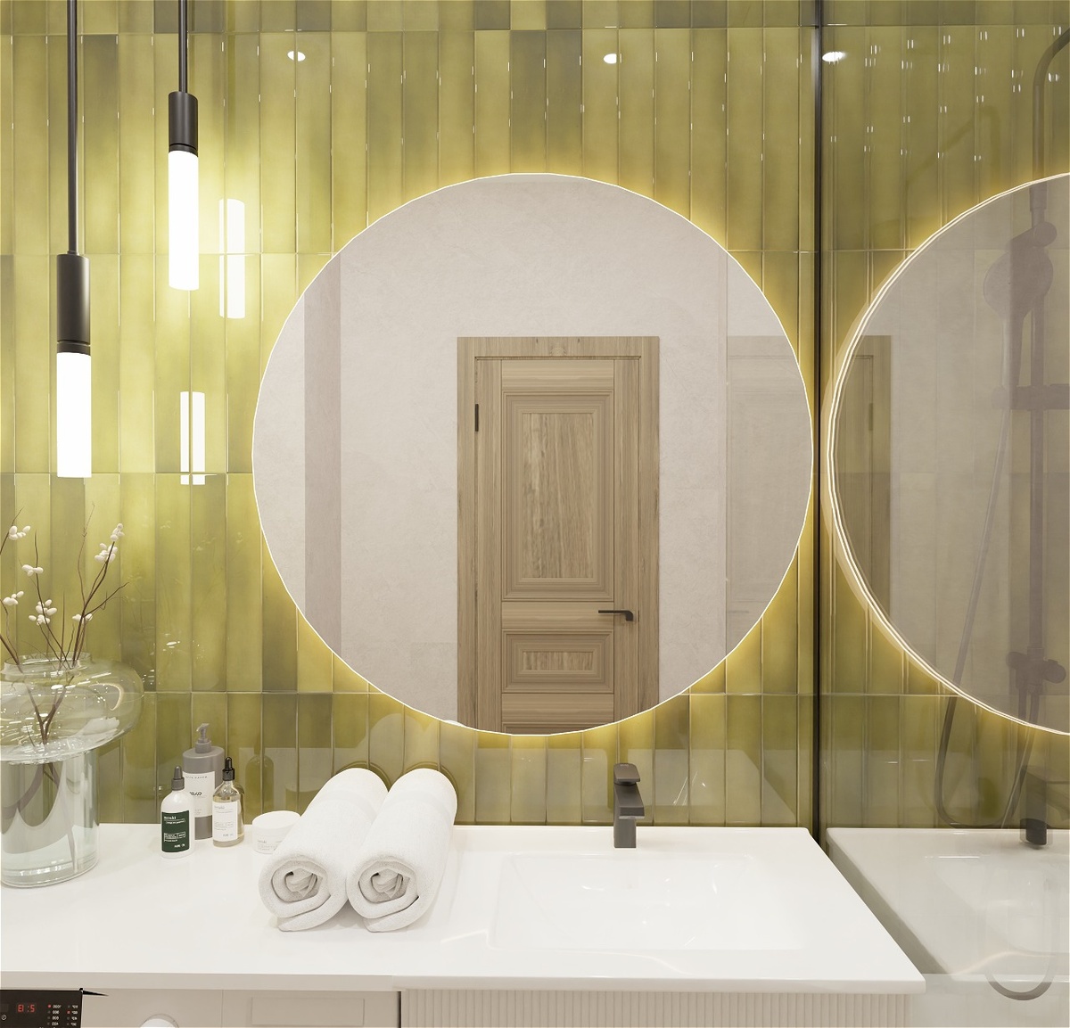 плитка Equipe, Manacor за зеркалом, Equipe, Art Nouveau на полу, Limone, Ash на стенах