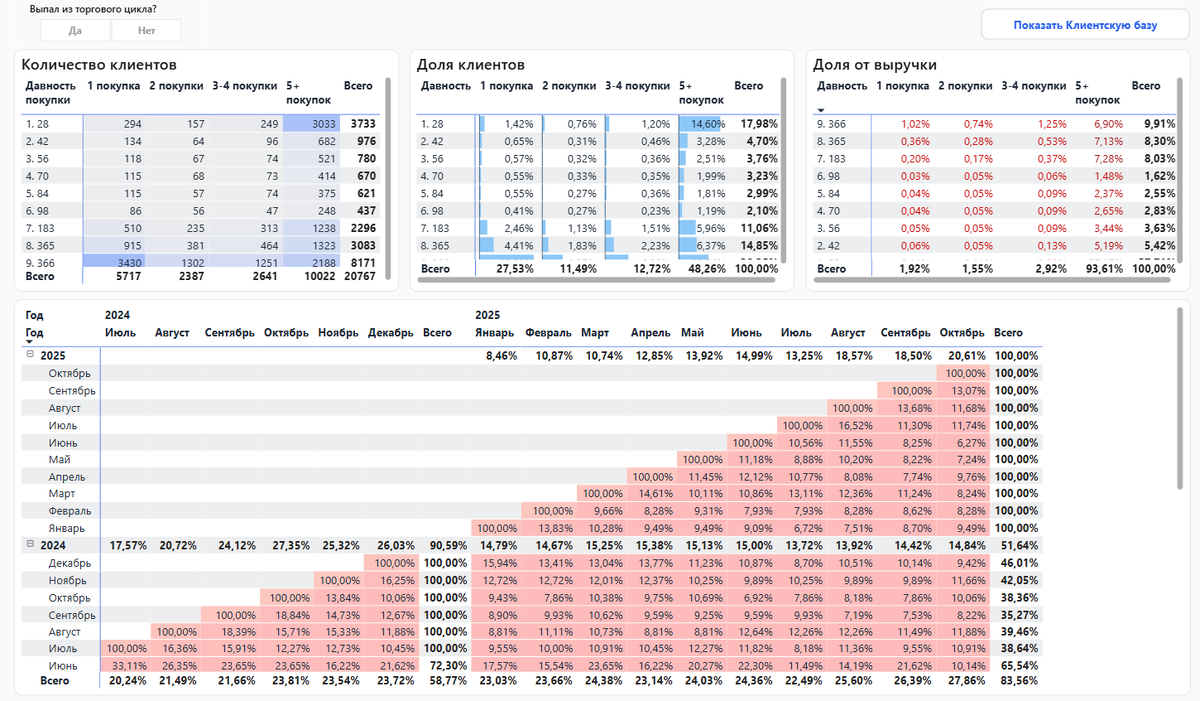 RFM + когорты на базе PowerBI