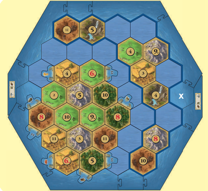 при 3 игроках используется 18 фишек Катана; 5 особых гаваней и 3 гавани 3:1; разбойник устанавливается на гекс 12, пират на Х,  