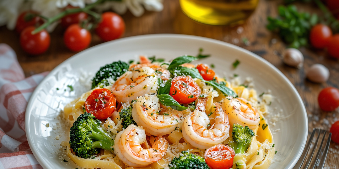 Паста с креветками и овощами в чесночно-сливочном соусе