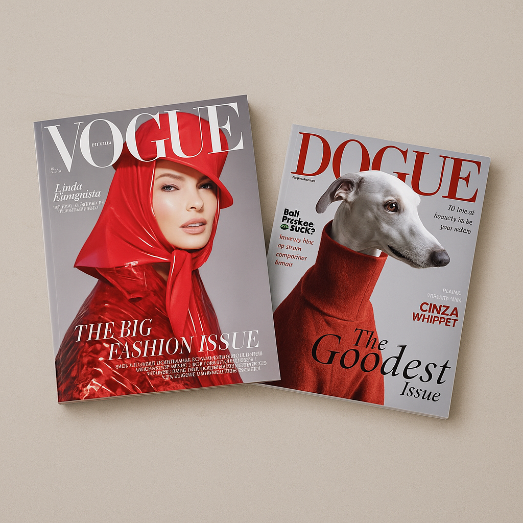 Сгенерированное ИИ изображение на основе обложек журналов Vogue и Dogue