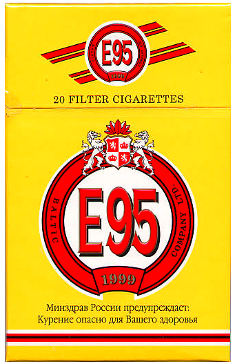 "Е 95". Россия, 2003 год. 20 штук с фильтром в упаковке с откидной крышкой и в целлофане. Содержание смол 12,2 мг, никотина 0,69 мг. Производитель: ООО "Балтийская табачная фабрика". Владелец торговой марки: ООО "Балтийская табачная фабрика".