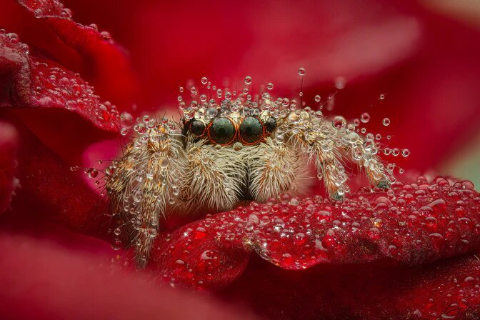 Юрий Подгрушный (Россия). "Паук-скакунчик на лепестке красной розы". Перефотографированно на выставке мной