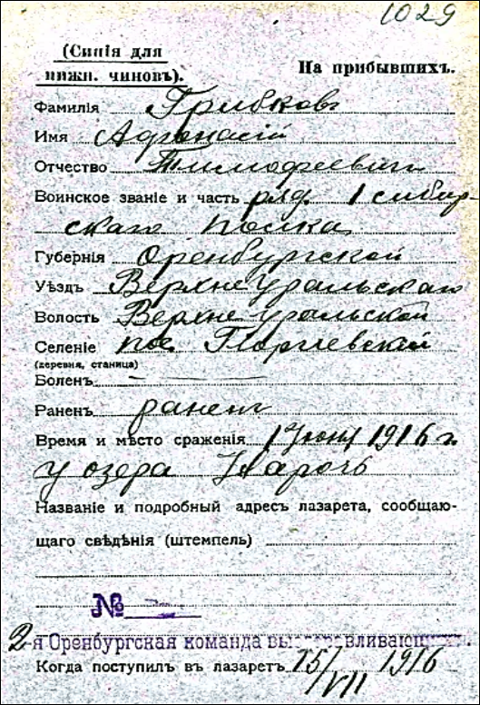 Анкета прибывшего в команду выздоровляющих