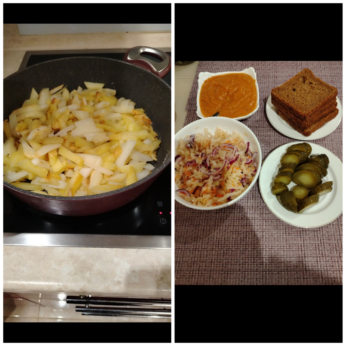 Жареная картошка, квашеная капуста, огурчики, икра кабачковая и чёрный хлеб, всё своё домашнее! ну что может быть лучше друзья.