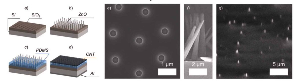    Образец сенсора и его характеристики. Схема протокола изготовления образца: (a) протравленный слой оксида кремния (SiO2) на подложке кремния (Si); (b) гидротермальный синтез вертикального массива кристаллических нанокристаллов ZnO; (c) инкапсуляция массива кристаллов ZnO в полимерную матрицу; (d) нанесение контактов: углеродных нанотрубок (УНТ, верхний контакт) и слоя алюминия (Al) на обратной стороне подложки (нижний контакт); (e) изображение отверстий в слое SiO2 со сканирующего электронного микроскопа (плоский вид); (f) изображение нанокристаллов ZnO на поверхности подложки со сканирующего электронного микроскопа (поперечное сечение) / © журнал Materials Science in Semiconductor Processing