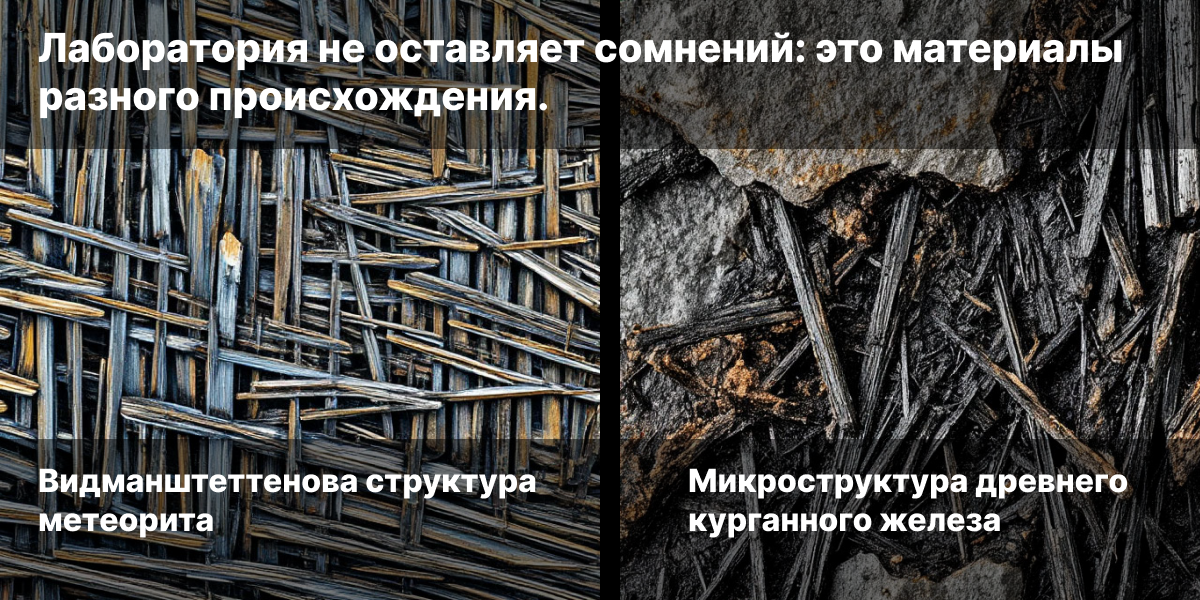 Сравнительная научная иллюстрация. Микроснимки сгенерированы нейросетью Яндекс по авторскому запросу для наглядной демонстрации ключевого различия между метеоритным и земным железом по результатам металлографического анализа.