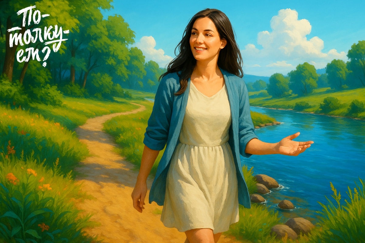 Женщина идёт по тропинке у реки в зелёном летнем пейзаже