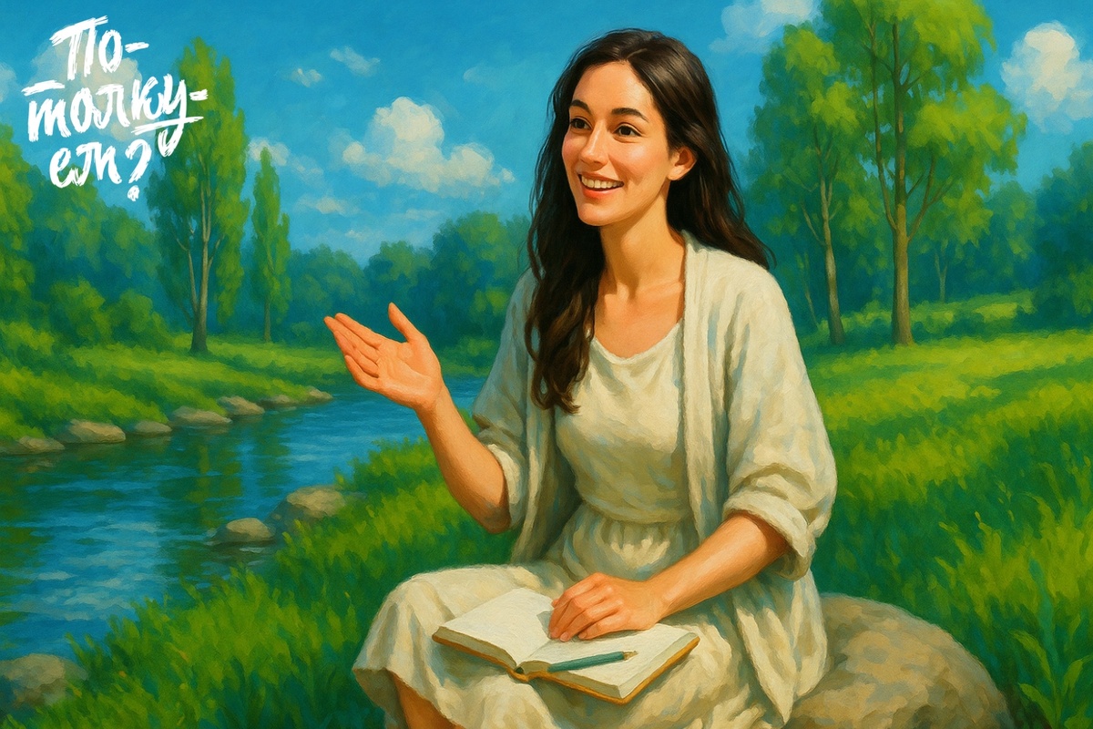 Женщина сидит на камне у реки с блокнотом и улыбается