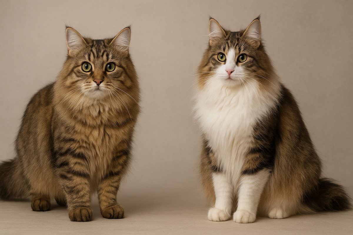 Слева — сибирская кошка, справа — норвежская лесная кошка.